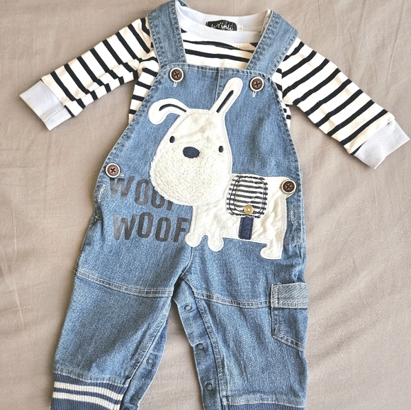 Denim Blue Kids Overalls with Striped Shirt Size 3-6m - Picture 1 of 2
